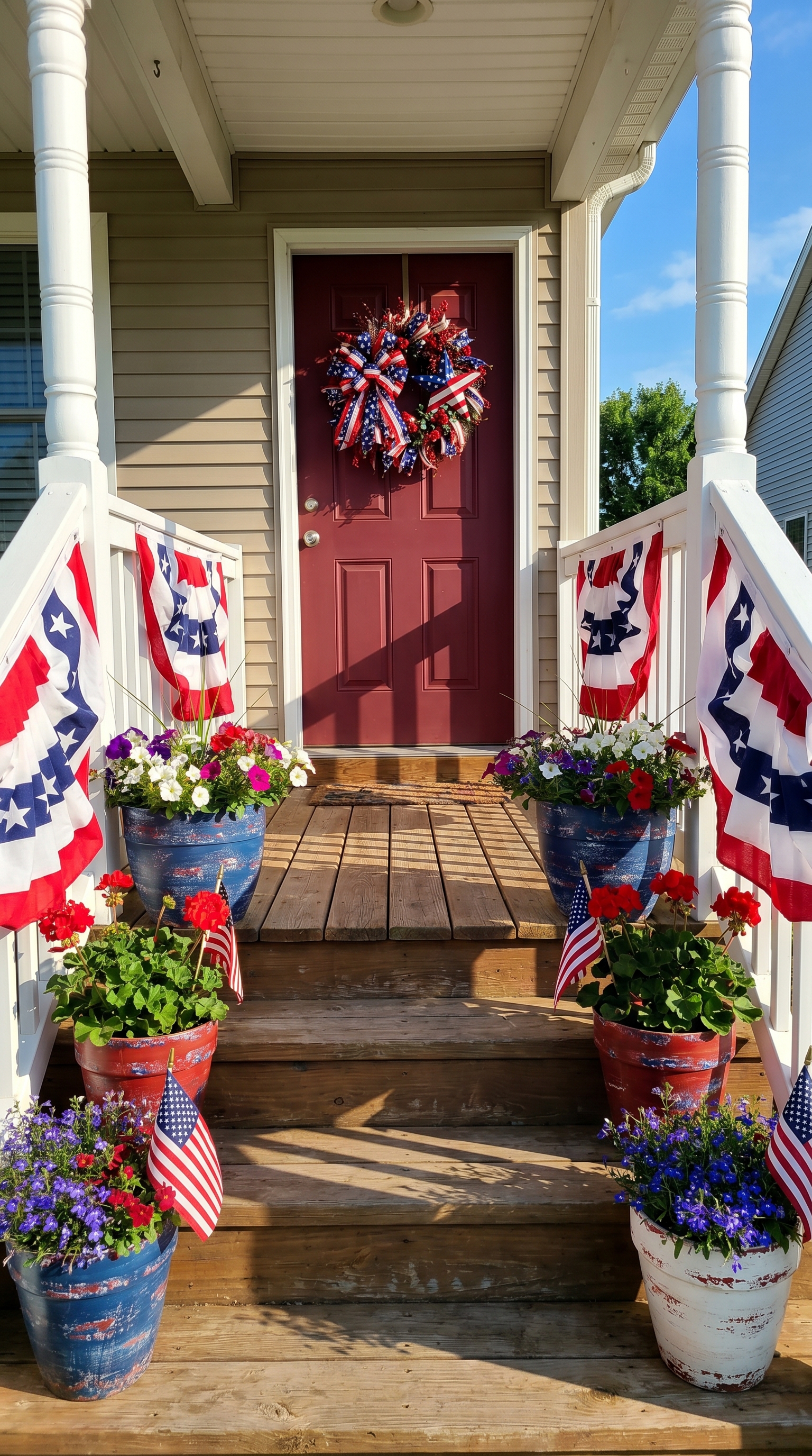4th of july front porch decor with red white and blue stars bunting and flowers