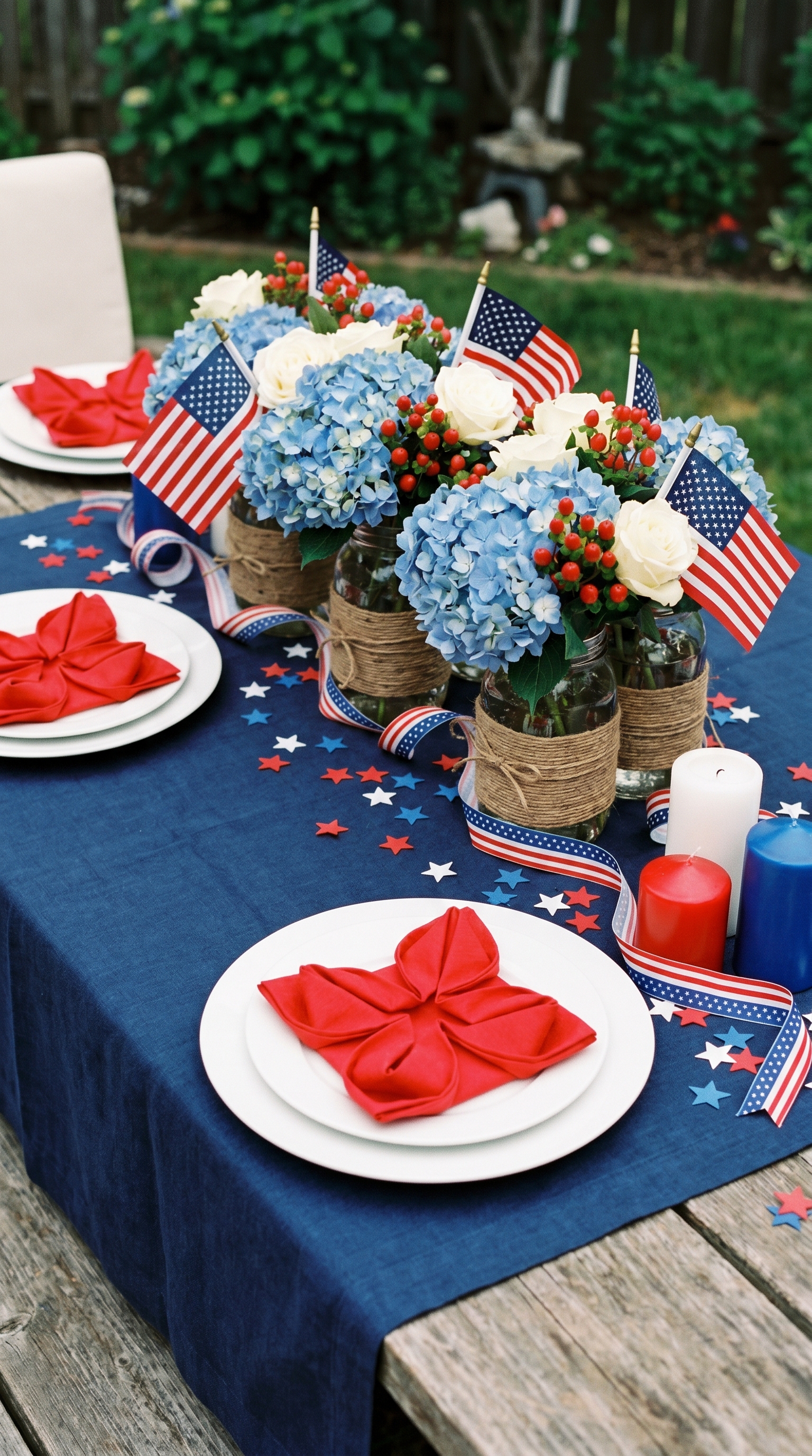 4th of july tablescape with red white and blue table setting centerpiece and patriotic decor
