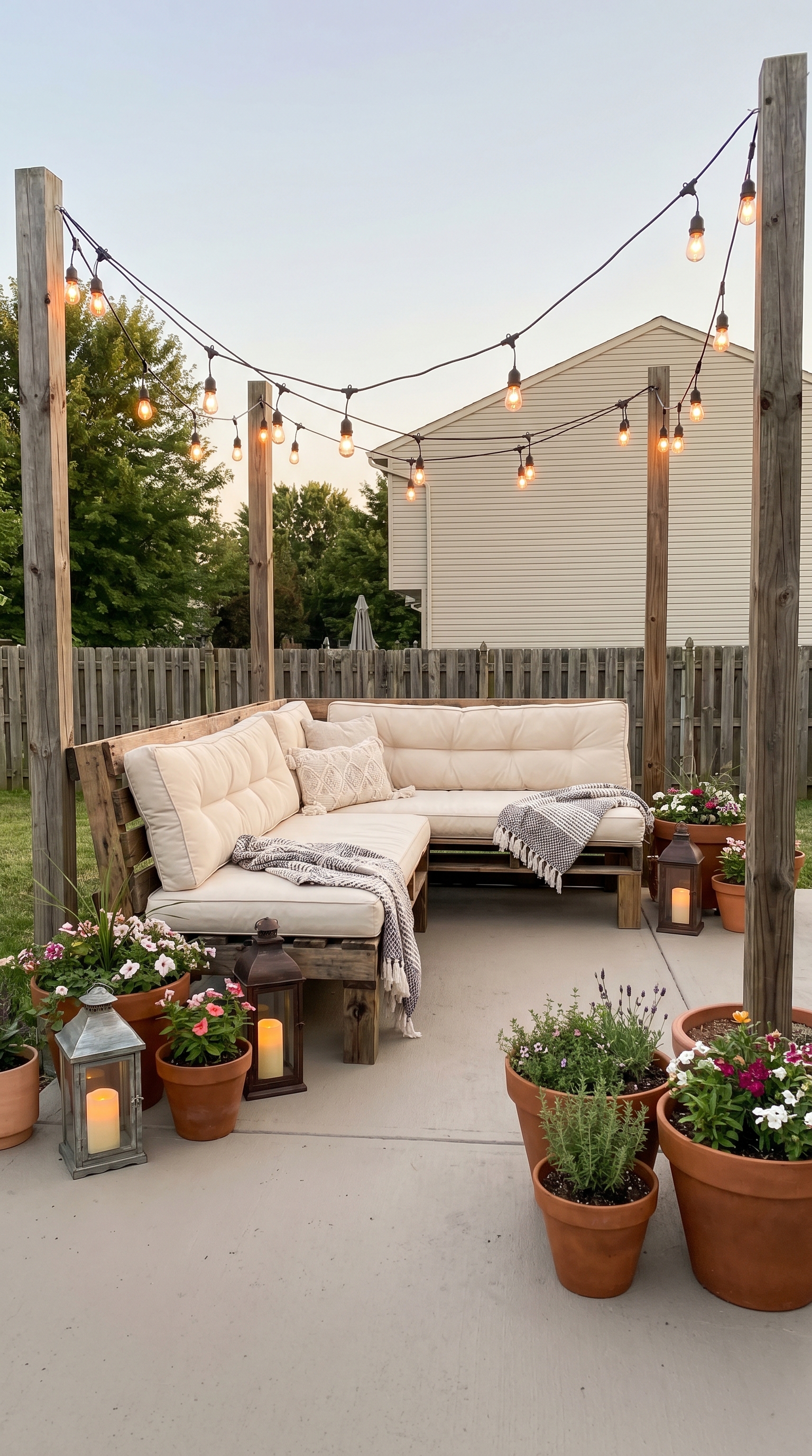 patio ideas on a budget with string lights, outdoor rug and thrifted furniture