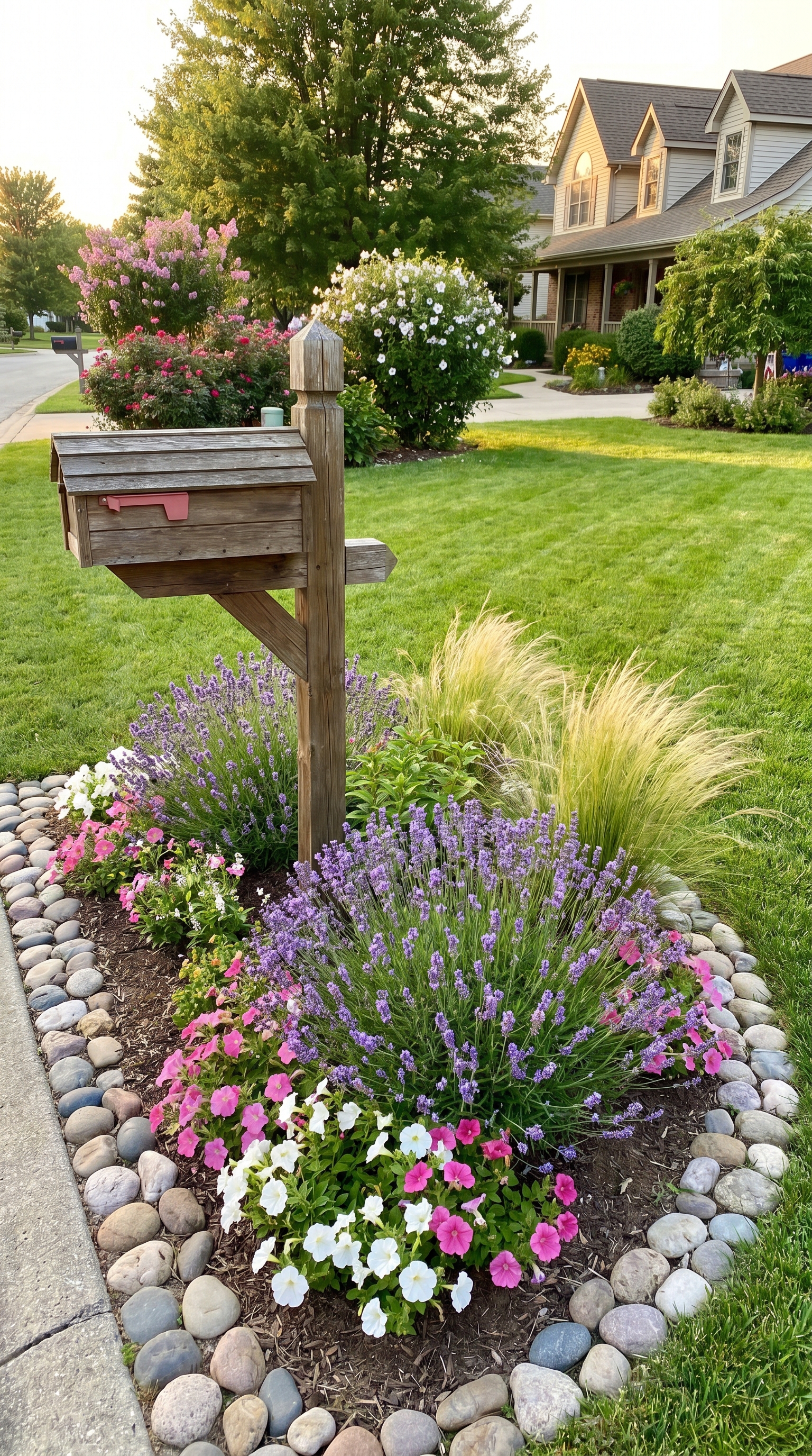 landscaping around mailbox ideas with flower beds stone borders and perennial plants