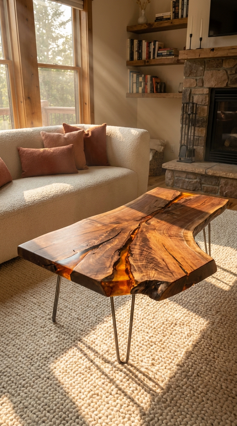 live edge coffee table ideas with black walnut natural wood slab and epoxy resin designs for American homes