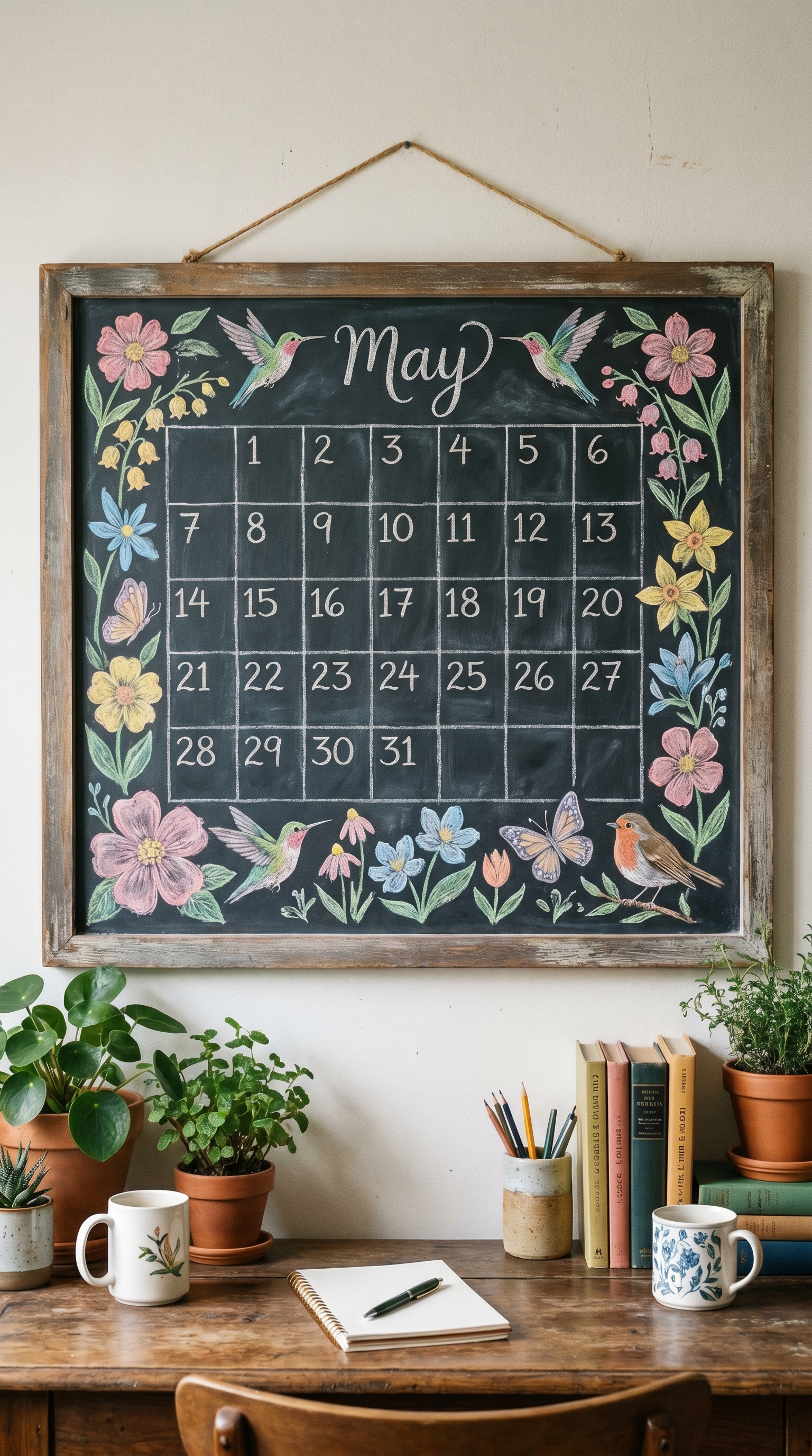 hand-drawn may chalkboard calendar with floral border and spring decorations