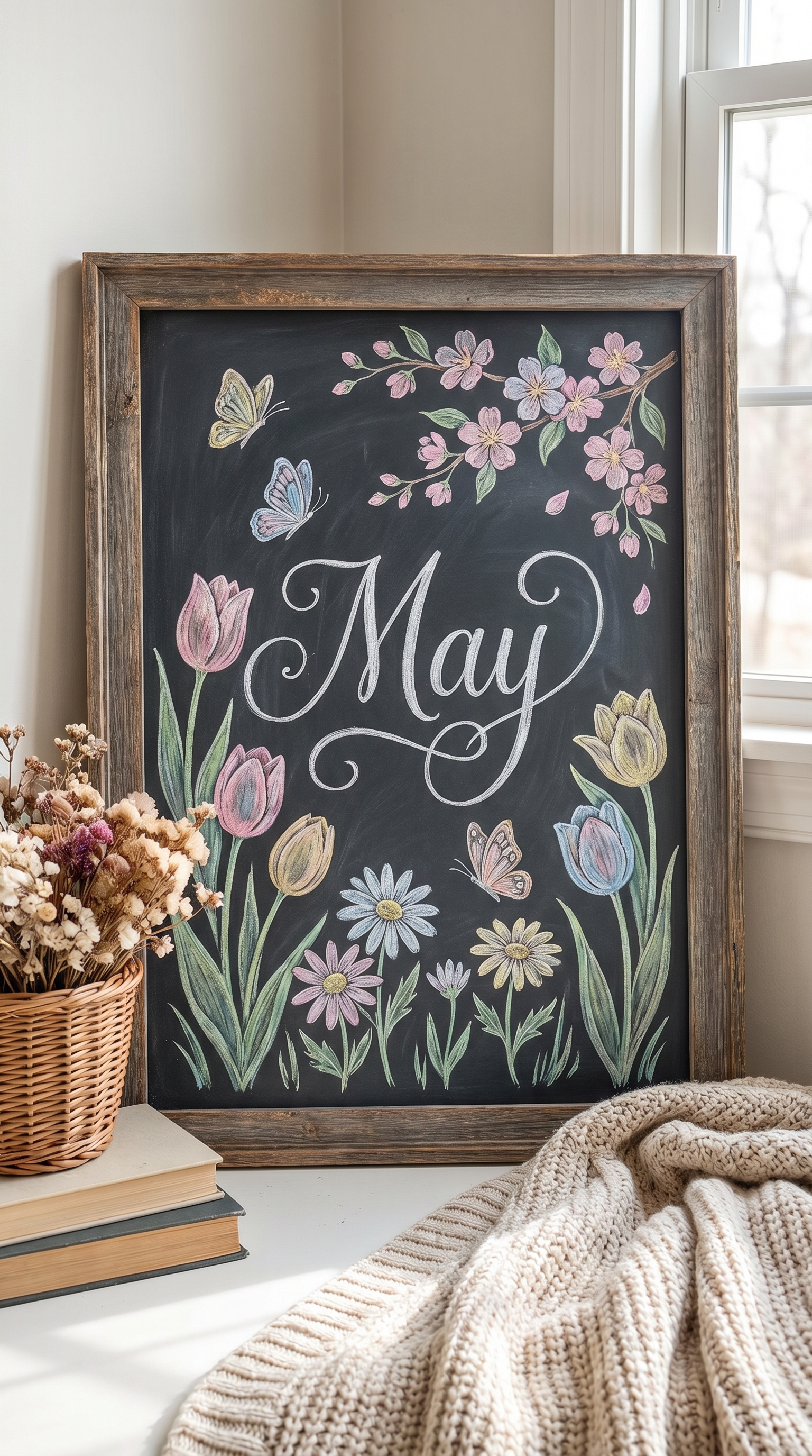 may chalkboard ideas with spring flowers and elegant lettering
