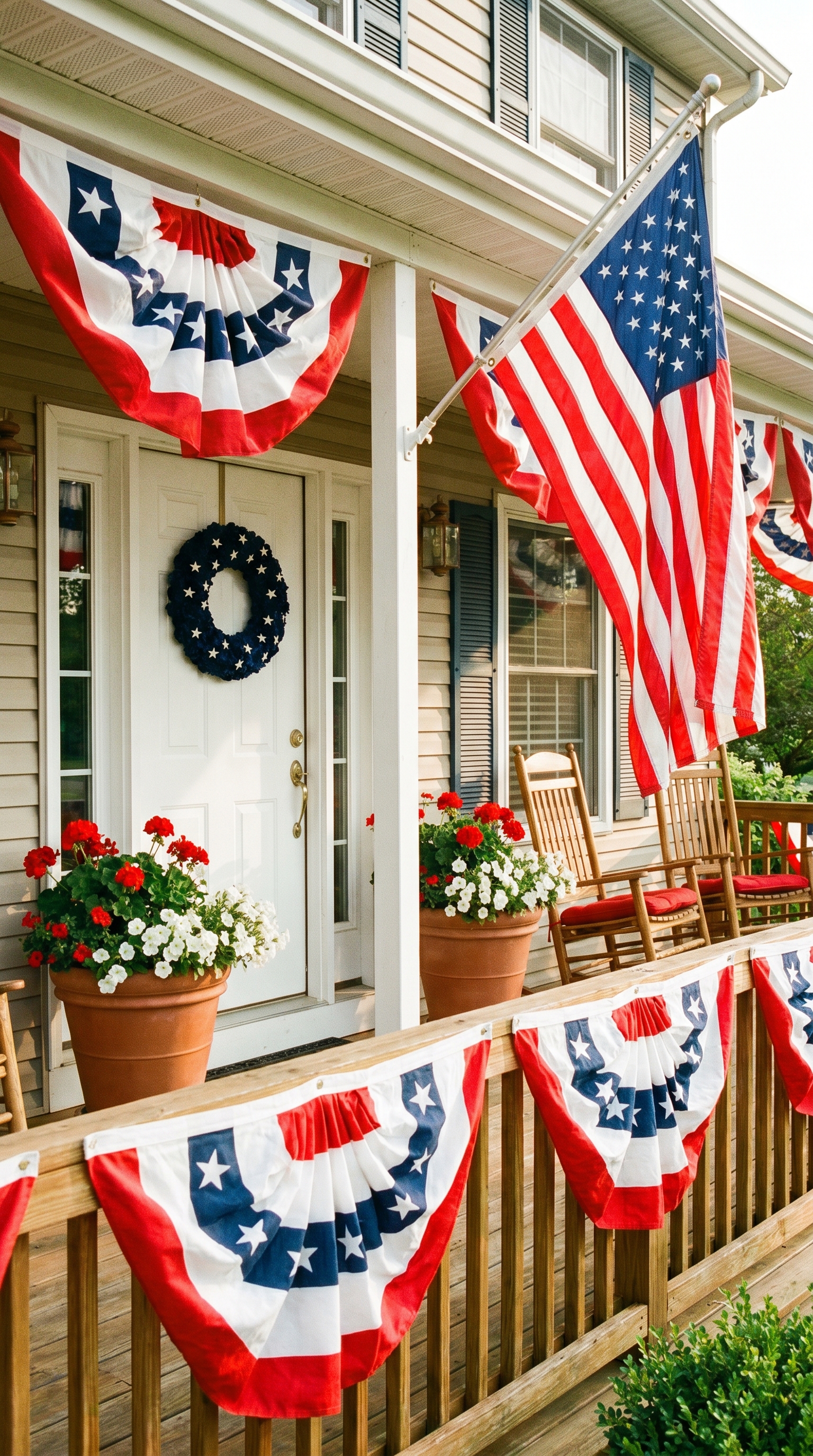 memorial day decor with red white and blue patriotic front porch