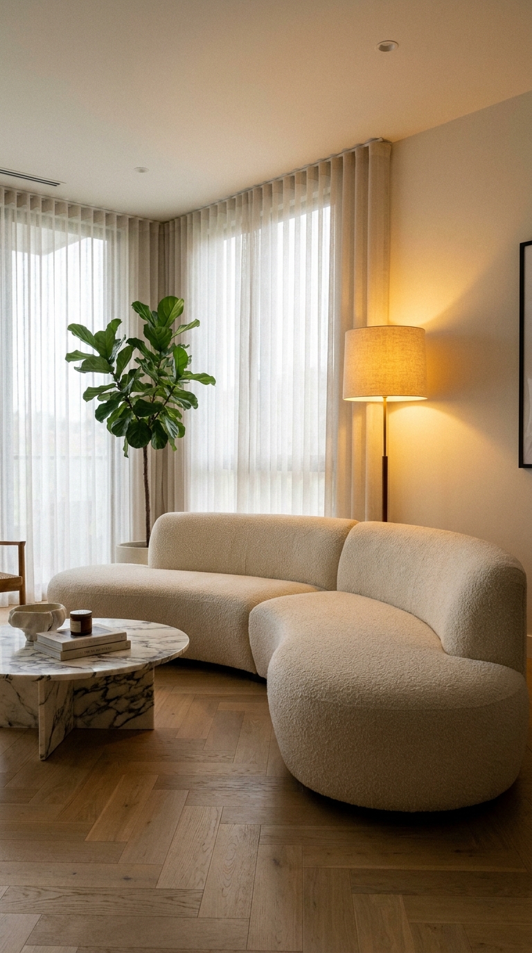 modern living room ideas with curved cream sofa statement lighting and warm neutral decor