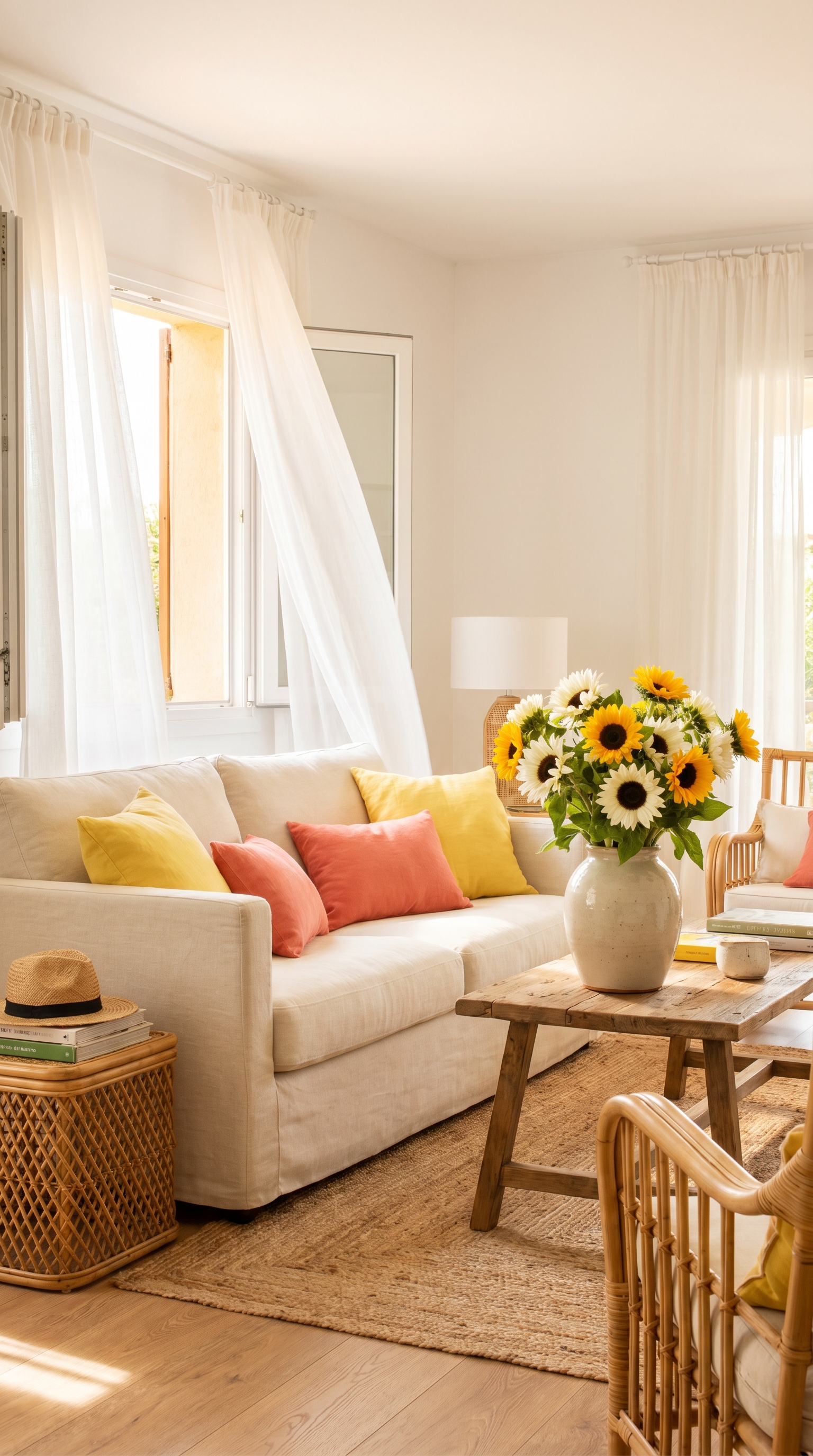 bright summer home decor with fresh flowers, light linens and citrus accents in living room