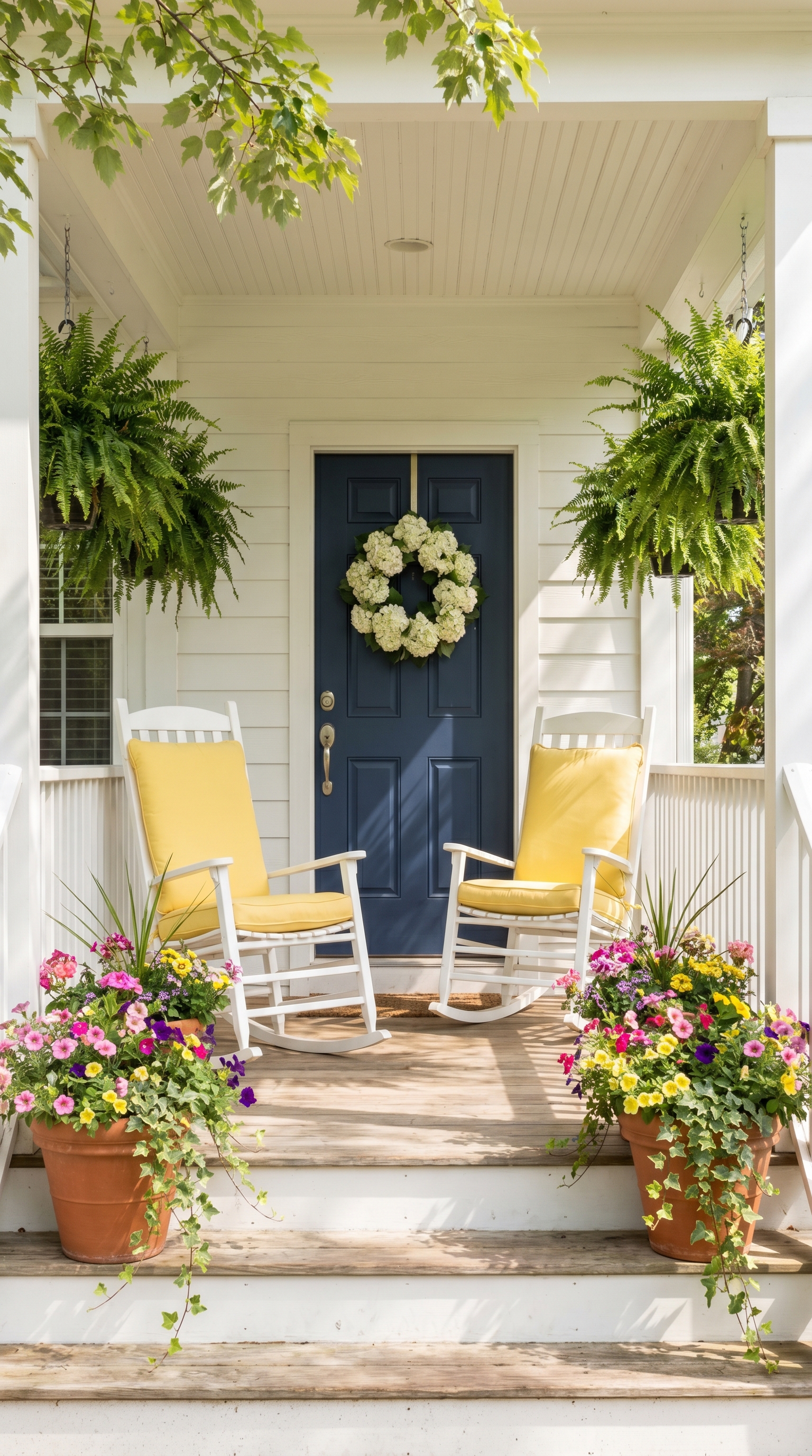 bright summer front porch decorated with flower pots, wreath and rocking chairs