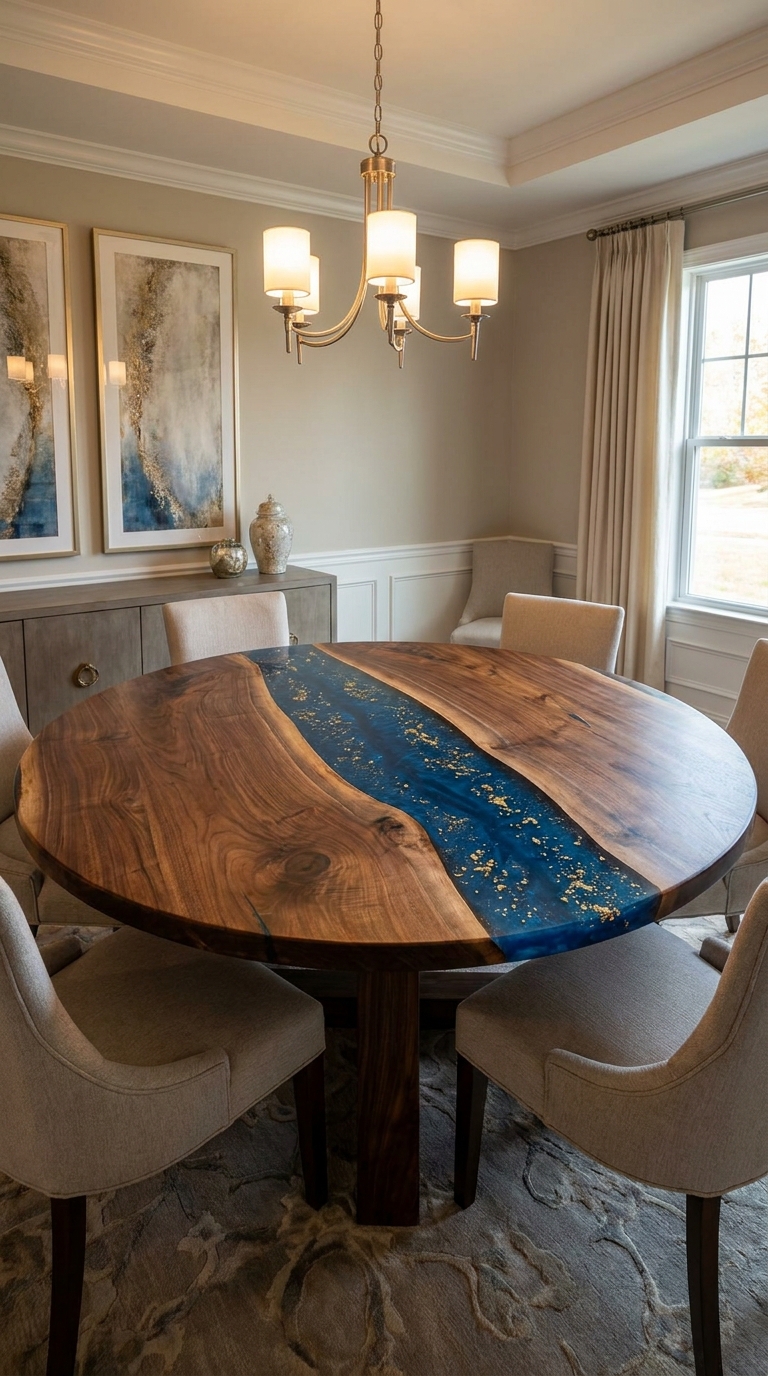 stunning wood epoxy resin table with blue river design dried flowers and live edge walnut